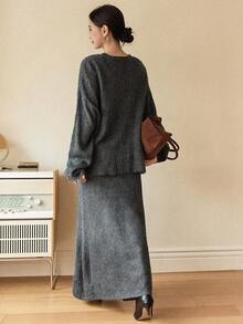 Dazy-Less Set de 2 piezas de suéter y vestido de suéter casual con parches de lentejuelas para mujer, otoño/invierno - Gris - Ver 2