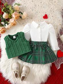 SHEIN Baby Girl Blue Knit Vest + White Long Sleeve Shirt + Plaid Print Skirt 3-Piece Set Green Plaid Skirt Outfit - Dark Green - View 3
