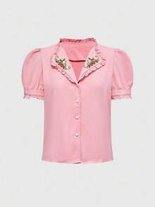 ROMWE Kawaii Women's Simple Short Sleeve Shirt With Flower Embroidery Decoration, Daily Wear - Pink - View 1
