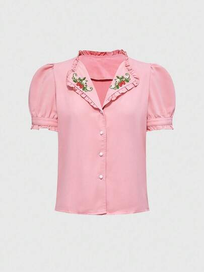 Kawaii Chemisier simple à manches courtes pour femmes avec décoration brodée de fleurs, habillement quotidien