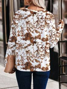 EMERY ROSE Tricou nou la modă pentru femei, cu guler în V, mânecă lungă, cu imprimeu floral de vacă - Multicolor - Vizualizare 2