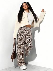 SHEIN PETITE Women's Leopard Print Straight Loose Fit Versatile Denim Jeans