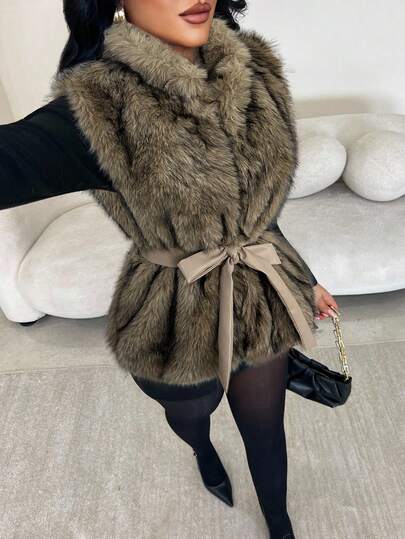 SHEIN SXY Women's Elegant Sleeveless Belted Faux Fur Coats, Autumn/Winter Luxury Vest Vintage Luxury For Women Bow,Winter For Women