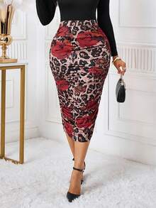 SHEIN Lady Women's Elegant Floral & Leopard Print Pleated Pencil Skirt - Multicolor - View 4