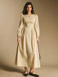 Poéselle Leinenkleid, Langarmkleid, Maxikleid, Damen-Maxikleid mit langen Ärmeln und Empire-Taille – Cottagecore-Präriekleid mit Puffärmeln, Cottagecore-Kleid, Präriekleid, Maxikleid mit Puffärmeln, Empire-Taille-Kleid, neutrale Ästhetik, langes Herbstkleid, Vintage-inspiriertes Kleid, einfarbiges Damenkleid mit Rundhalsausschnitt, Laternenärmeln und taillierter Taille, elegant, geeignet für den Alltag, zum Ausgehen, Pendeln, für den Urlaub, zu Hause und andere Anlässe, Herbst/Winter - Khaki - Übersicht 6