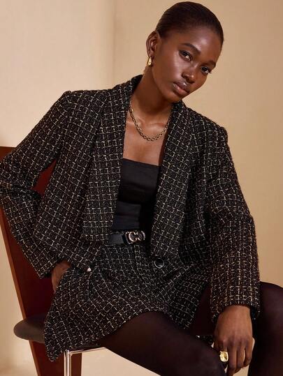 JIAN LASALA Conjunto de chaqueta corta y pantalón corto plisado de tweed negro brillante para mujer, conjunto de otoño e invierno, elegante coordinado, chaqueta de tweed para mujer, traje de mujer de tweed, conjunto de dos piezas de tweed, conjunto de blazer para mujer, colección de ropa de lujo y elegante