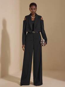 JIAN LASALA Cutout Shoulder Padded Shawl Lapel Cropped Black Blazer Women Autumn Casual Luxury Stylish Clothing Collection Elegant - Black - View 5