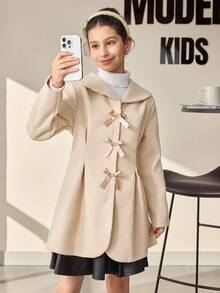 Tween Girls' Elegant Commuter Sailor Collar Bowknot Waist A-Line Princess Coat - Khaki - View 5