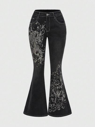 Grunge Punk Jeans évasés sexy à taille basse avec imprimé vintage croisé et de vigne, style rétro grunge et délavé pour femmes