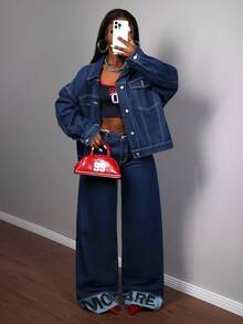 Slaydiva 女装时尚通勤字母印花阔腿牛仔裤阔腿牛仔裤套装Y2K翻边直筒裤字母印花时尚出游衣服 - 深色水洗藍 - 查看 1