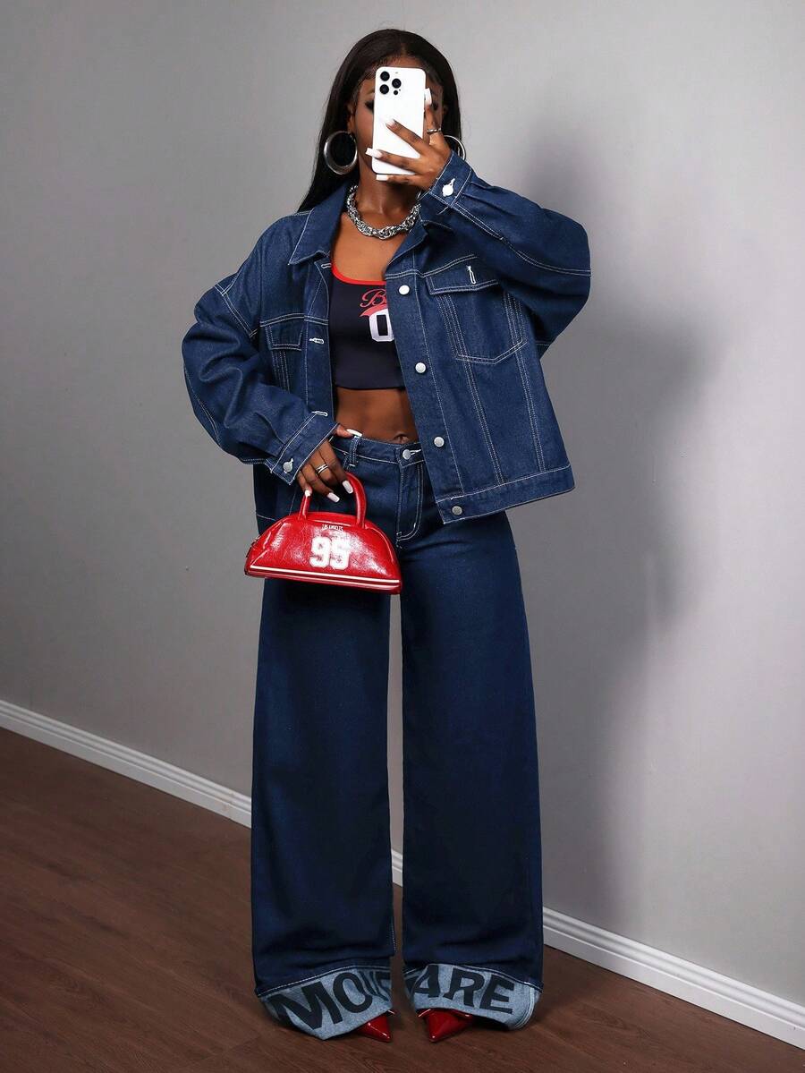 Slaydiva 女装时尚通勤字母印花阔腿牛仔裤阔腿牛仔裤套装Y2K翻边直筒裤字母印花时尚出游衣服 - 深色水洗藍 - 查看 1