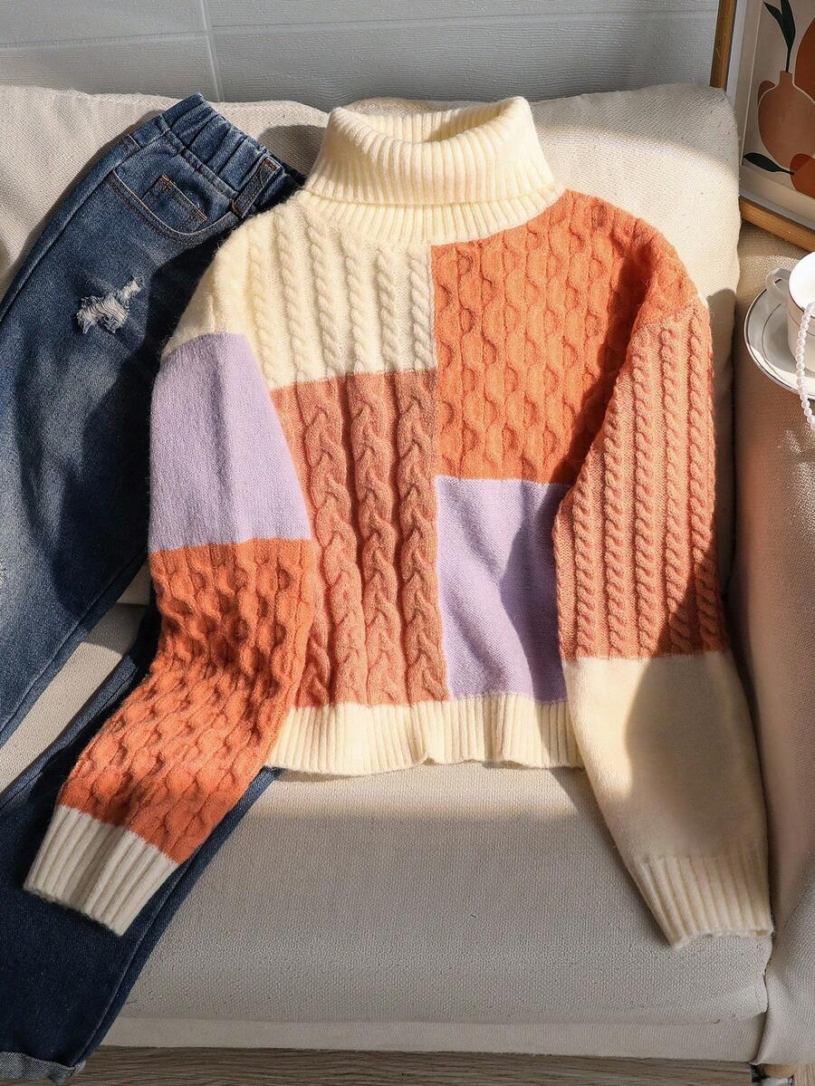 SHEIN Tween Mädchen Pullover mit strukturiertem Blumen-Patchwork, Herbst/Winter warmer lässiger dicker Farbblock Strickpullover mit hohem Kragen, retro elegantes Design