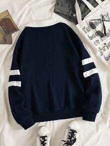 INAWLY 女士休闲宽松长袖翻领运动衫，百搭日常穿着 - 藏蓝色 - 查看 2