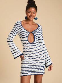Travachic Women's Contrast Stripe Hollow-Out Knit Dress,Autumn Winter Women,  New Year Look, Thanksgiving Outfits, Elegant Dresses Party - Blue and White - View 6