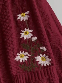 ROMWE Fairycore Women's Casual Floral Embroidery Button Front Cardigan, Autumn/Winter - Burgundy - View 2