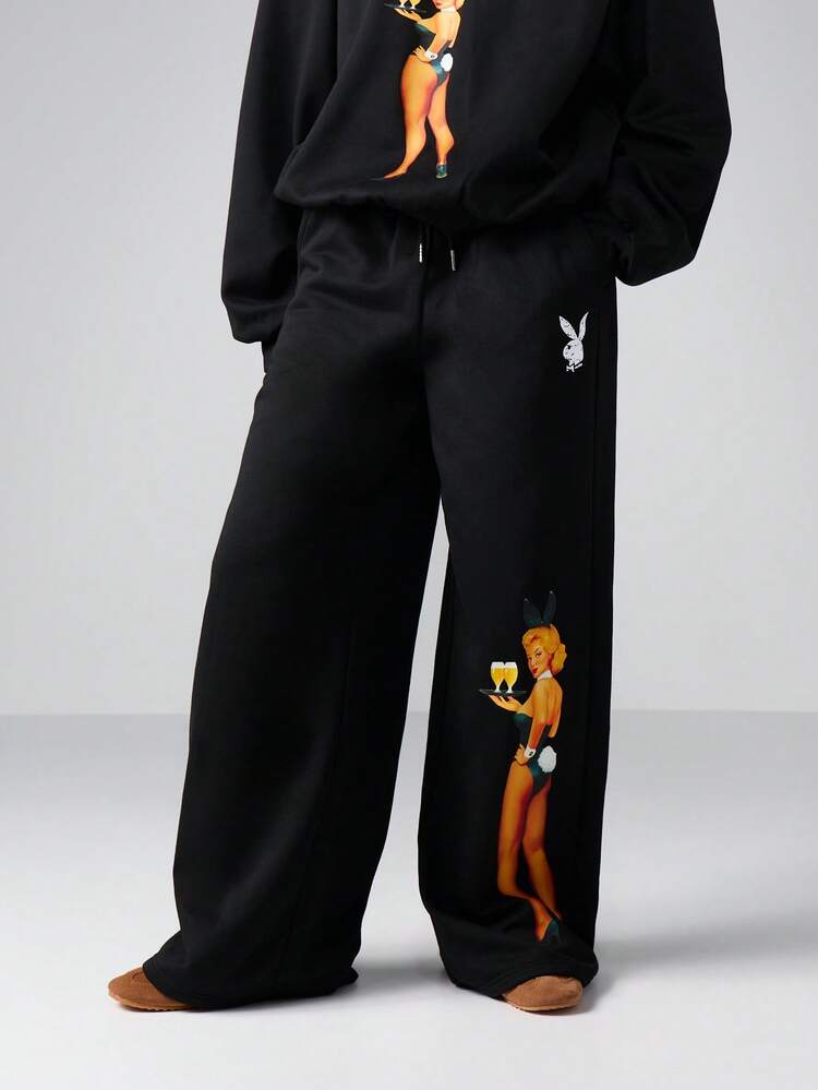 Missguided x Playboy Oversized Retro Pin Up Print Wide Leg Fleece Loungewear Pants Winter Cozy Casual Home Leisure Comfort Bottoms