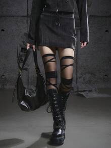 Bloopia 复古美式街头摇滚叛逆时尚个性百搭女装秋冬万圣节新品舒适罗纹针织面料前拉链可调节抽绳短款连帽衫和迷你裙两件套 - 灰色 - 查看 6