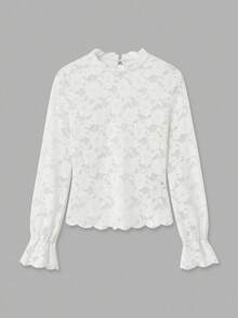 lacRébo Cream Romantic Vintage Lace Long Sleeve High Neck Top With Scallop Edge Detail Fall Women Clothes Autumn Outfits Fall Women Clothes Autumn Winter Lace Top Going Out Top