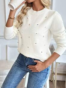 SHEIN LUNE Casual Rhinestone Decor Crew Neck Sweater, Autumn/Winter - Beige - View 4