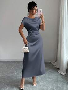 Rafferiza فستان نسائي أنيق بياقة عالية وأكمام قصيرة من الساتان مع ربطة عنق، مناسب للمناسبات والذهاب إلى العمل