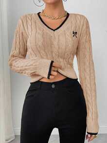 LanaWest 秋冬时尚蝴蝶刺绣V领粗针织女套头衫 - 杏色 - 查看 6