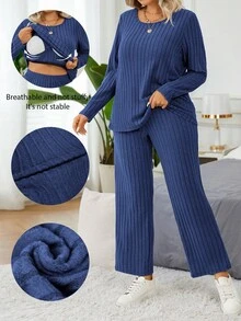 EMERY ROSE 2pcs/Set Fitted Casual Ribbed Brushed Long Sleeve Top And Pants Set With Built-In Padded Bra - Blue - View 1