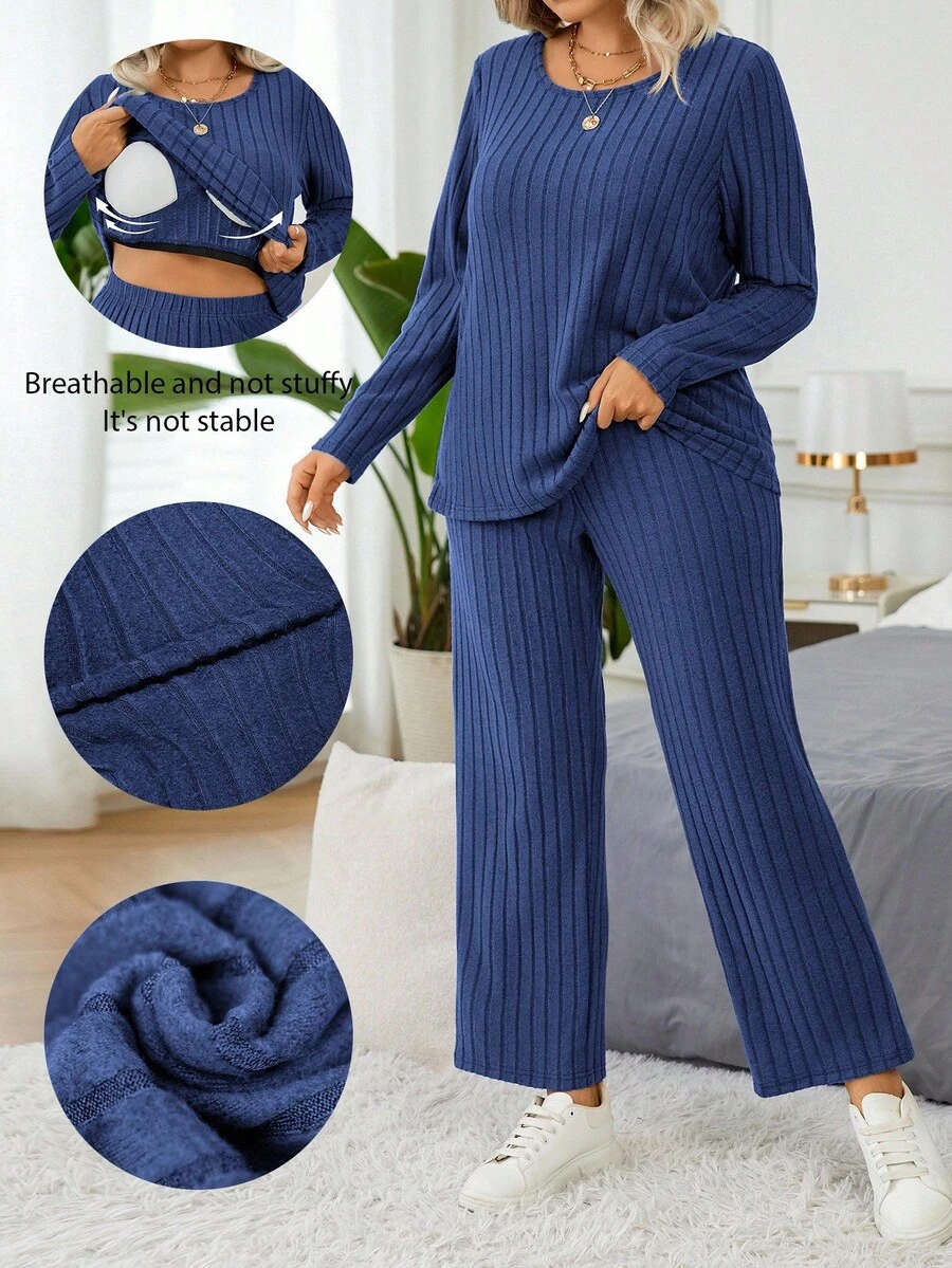 EMERY ROSE 2pcs/Set Fitted Casual Ribbed Brushed Long Sleeve Top And Pants Set With Built-In Padded Bra - Blue - View 1