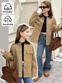 SHEIN 少女时尚休闲 Y2K 复古酷炫街头风回归校园学院风皮革拼接牛仔撞色设计卡其色牛仔翻领长袖牛仔夹克柔软日常穿着秋冬秋季锐舞音乐节和街头服饰 - 卡其色 - 查看 1