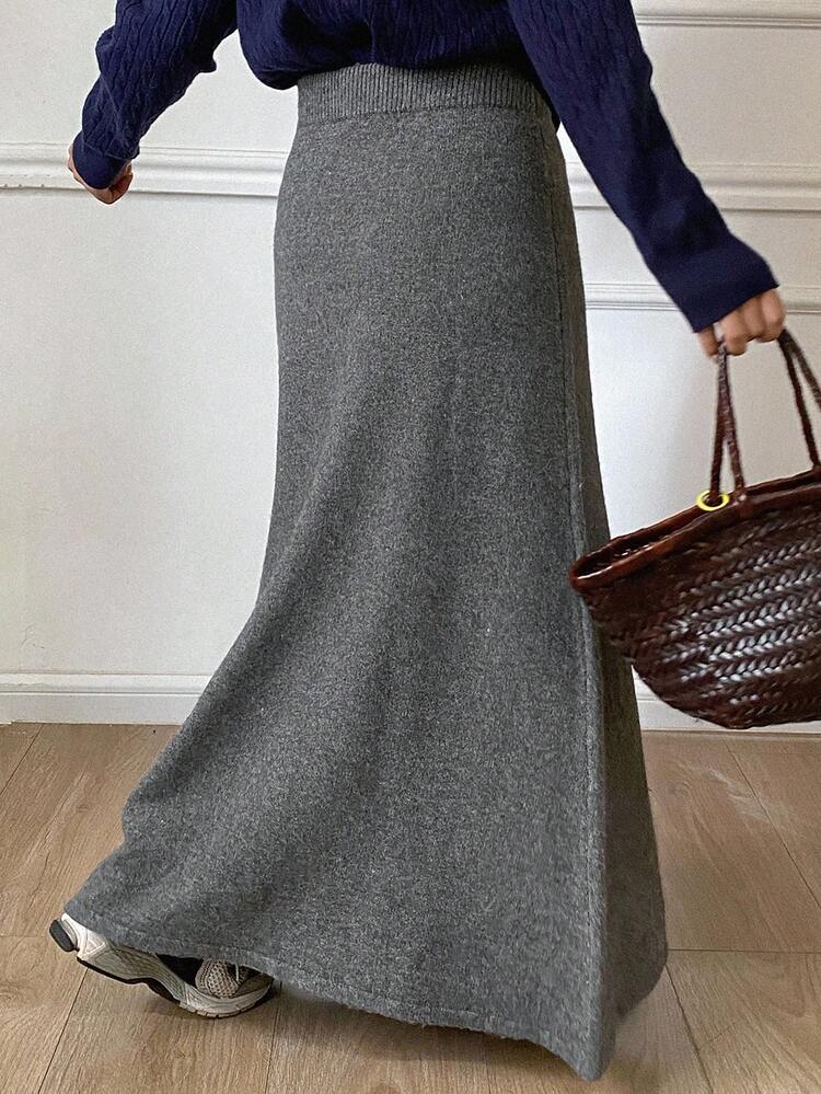 Women's Solid Color Elastic Waist Casual Knitted Skirt, Autumn/Winter