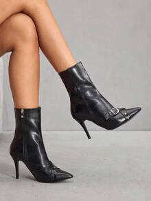 CUCCOO SZL Sepatu Bot Wanita Ujung Lancip Bertumit Tinggi dengan Gesper, Seksi, Elegan, Modis, Panjang Setengah Betis - Hitam - View 1