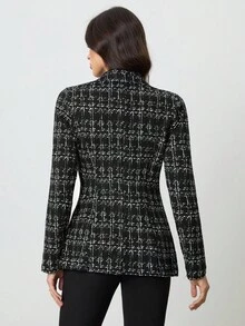 SHEIN Tall 女士休闲优雅格子通勤修身西装外套，秋季 - 黑色 - 查看 2