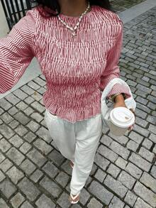 Siren Gaze 女式圆领长袖条纹荷叶边休闲衬衫 - 紅白色 - 查看 6