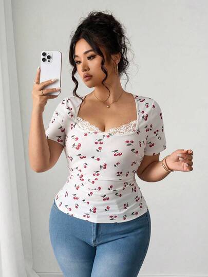 Elenzga 加大码女式可爱樱桃印花褶皱腰短袖 T 恤，适合通勤，白色图案 T 恤女式春季上衣