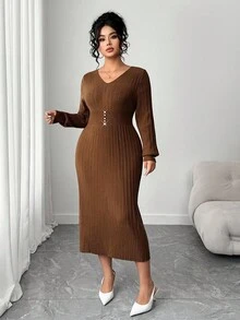 Elenzga Damen Große Größen Einfarbiges V-Ausschnitt Langarm Taille Knopf Design Figurbetontes elegantes Strickkleid, Herbst/Winter