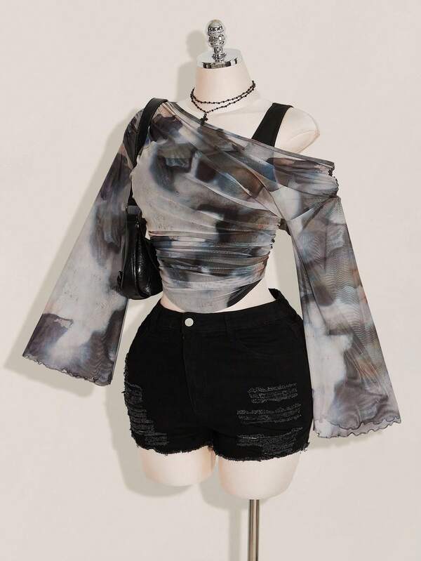 SHEIN ICON Blusa de tallas grandes para mujer con estampado de teñido anudado 2 en 1