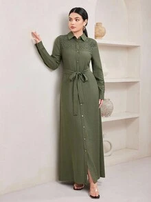 Veilorie Damen Einfarbige Bluse mit Spitzenkontrast Langarm & Elegantes Kleid im arabischen Stil - Armeegrün - Übersicht 4