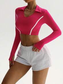 Dewbera 女式撞色领长袖短款修身运动T恤 - 玫紅色 - 查看 4