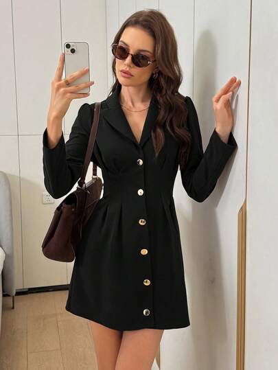 Easowa Elegant Long Sleeve Blazer Dress, Brown Waist Cinched Women's Mini Dress, Autumn/Winter,Dresses For Women Elegant