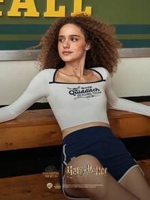 GLOWMODE X HARRY POTTER FeatherFit™ 长袖魁地奇刺绣 T 恤 低冲击瑜伽日常休闲 - 白色 - 查看 2