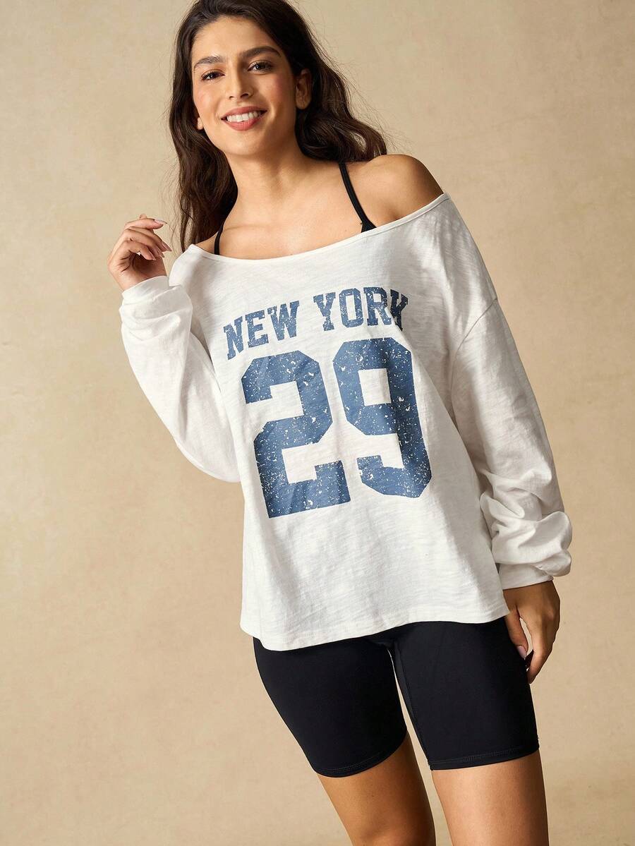 VARSIVA 女式字母印花宽松长袖运动T恤 - 白色 - 查看 1