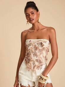 Travachic 女式时尚亮片流苏不对称下摆抹胸上衣，夏季 - 杏色 - 查看 5