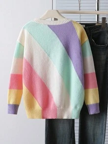 Sparklyn 青少年女孩休闲日常通勤拼色条纹图案落肩宽松套头毛衣，秋冬 - 杏色 - 查看 2