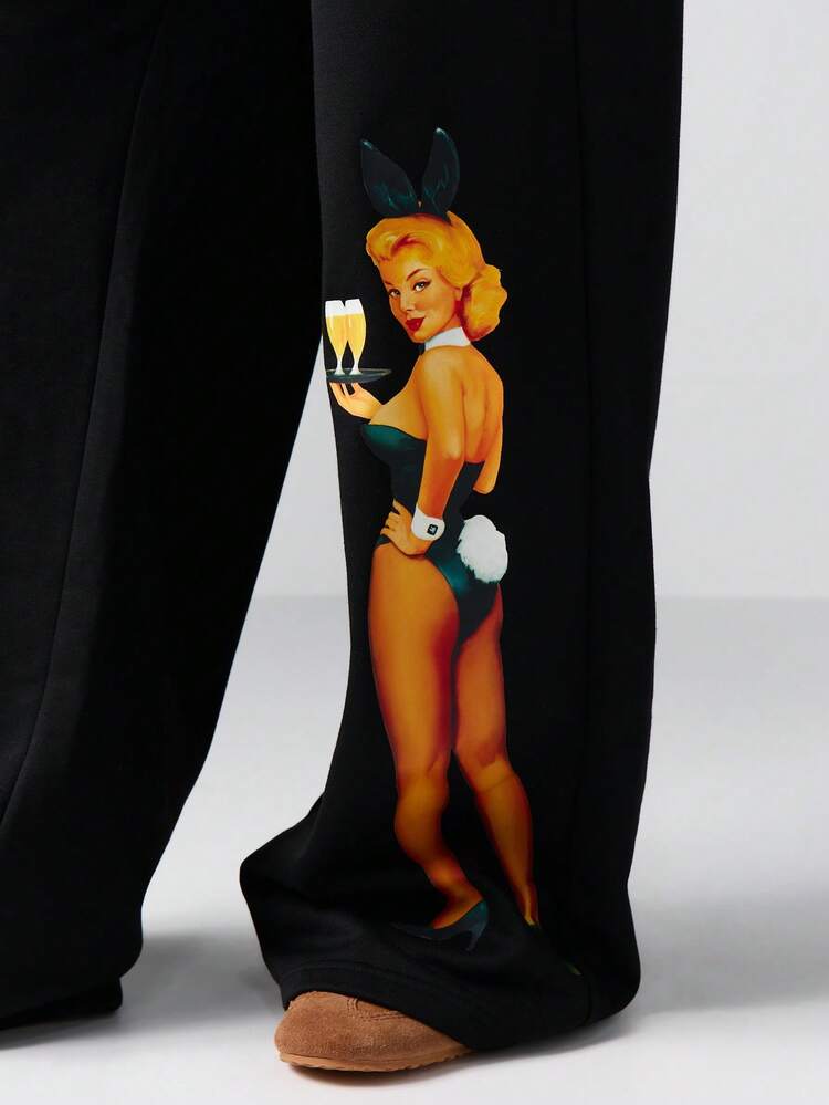 Missguided x Playboy Oversized Retro Pin Up Print Wide Leg Fleece Loungewear Pants Winter Cozy Casual Home Leisure Comfort Bottoms