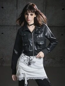 Bloopia 复古叛逆摇滚街头风时尚休闲简约女式秋冬万圣节设计创意实用口袋拉链皮夹克 - 黑色 - 查看 5