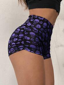 SHEIN EZwear 大码修身骷髅印花高腰短裤 - 紫色 - 查看 2