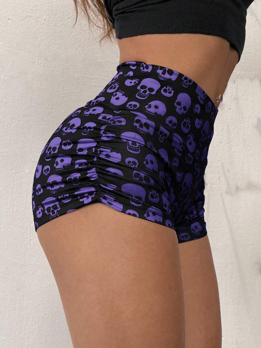 SHEIN EZwear 大码修身骷髅印花高腰短裤