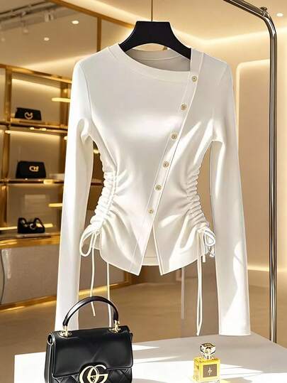 Franclia Women's Solid White Casual Asymmetrical Collar Button Decoration Hem Slit Side Waist Drawstring Straps Adjustable Waist Slim Fit T-Shirt, Suitable For Daily Wear In Spring, Autumn And Winterwinter Winter Clothes Winter Clothes For Women Fall Clothes For Women Autumn Fall Autumn Clothes Fall Outfits For Women New Year New Year Outfit Thanksgiving Outfit For Women Party Wedding Elegant Casual LuxuryChristmas New Year Party Graduation Ball Cosplay New Year Going Out Tops For Women Graduation Elegant Fashionable Casual Commuting Business Office Daily Leisure All-Match Temperament Urban Teacher Professional Attire