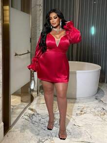 SHEIN LUNE Vestido Elegante, Sexy e Versátil de Manga Longa com Decote em V, Plus Size, Estilo Romântico - Vinho - Visão 4