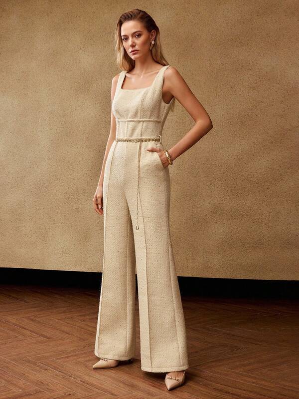 MOTF PREMIUM جمبسوت قصيرة ذات ساق واسعة من التويد مع حزام سلسلة، شتوي، مناسبة للمواعدة