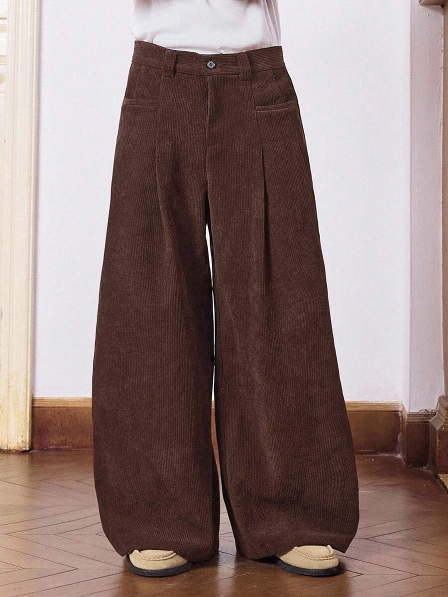 SWAVVY 男士休闲纯色灯芯绒阔腿裤，秋冬 - 棕色 - 查看 1
